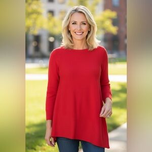 Chico’s Red Contrasting Diagonal Knit Pattern Asymmetrical Hem Tunic Sweater XL